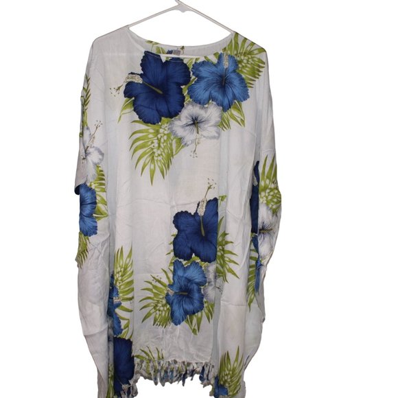 Aloha Wear Hawaiian One Size Fits Yellow Blue HIbiscus Flower Swimsuit Cover Up - Picture 1 of 6